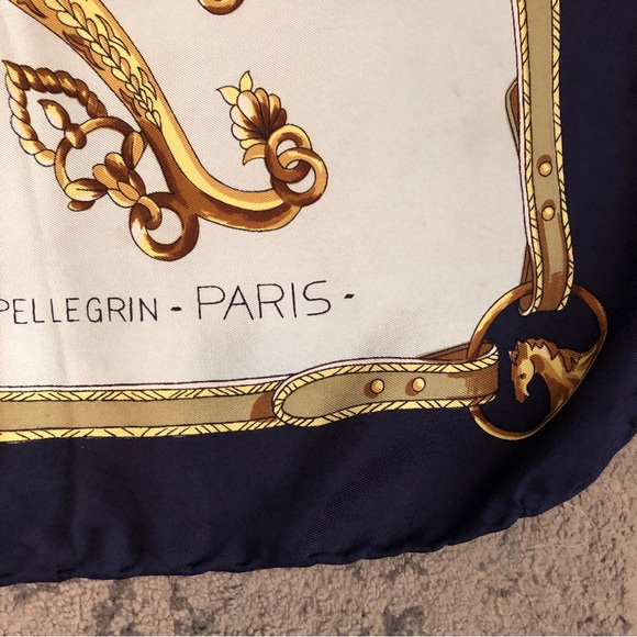 Hand Finished Gold Navy & Pale blue Vintage Pellegrin Paris Scarf from France 🇫🇷 - Picture 3 of 7